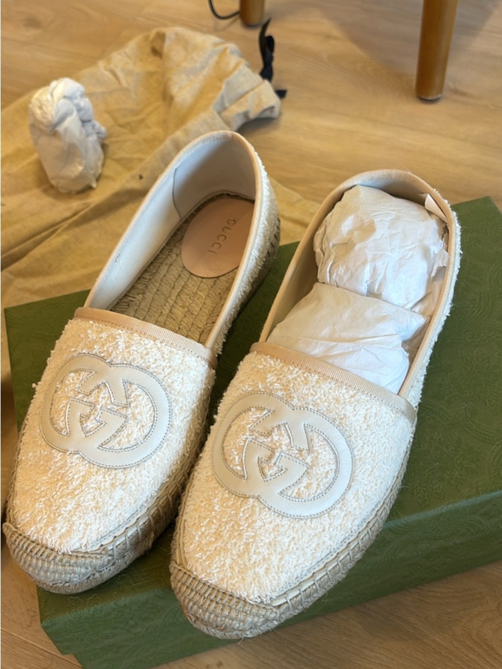 Gucci Cream Terry Cloth Espadrille Slip-Ons with Interlocking GG